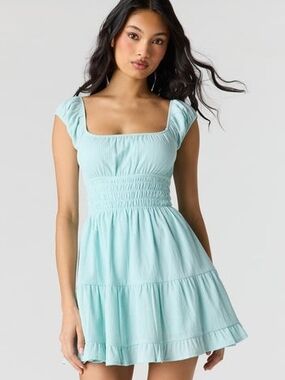 Women's Pastel Blue Square-Neck Smocked Mini Dress